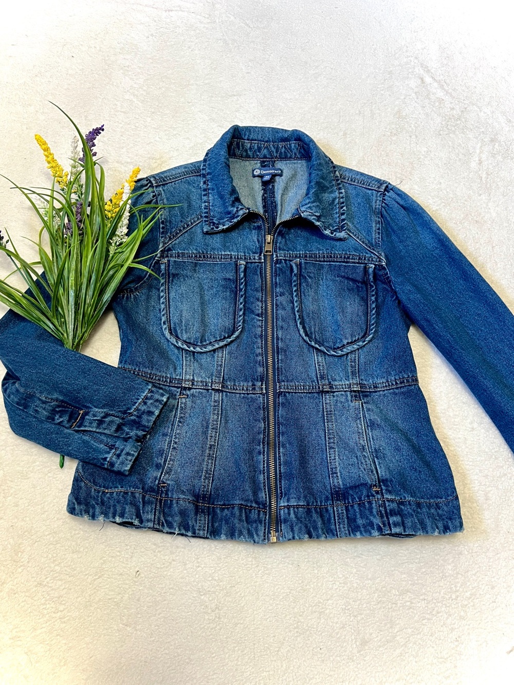 Democracy Point Collar Peplum Denim Jean Jacket - Small Petite (PS)